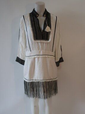 NWI Womens SMF Exquisite Black White Tassel Detail Fringe Mini Shift Dress L